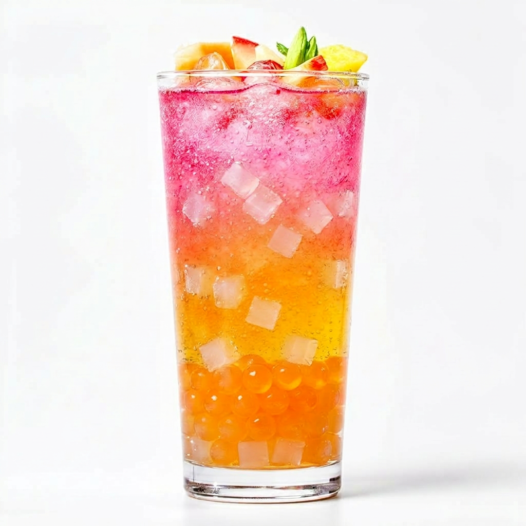 A vibrant translucent sparkling fruit tea with colorful popping boba and clear jelly cubes